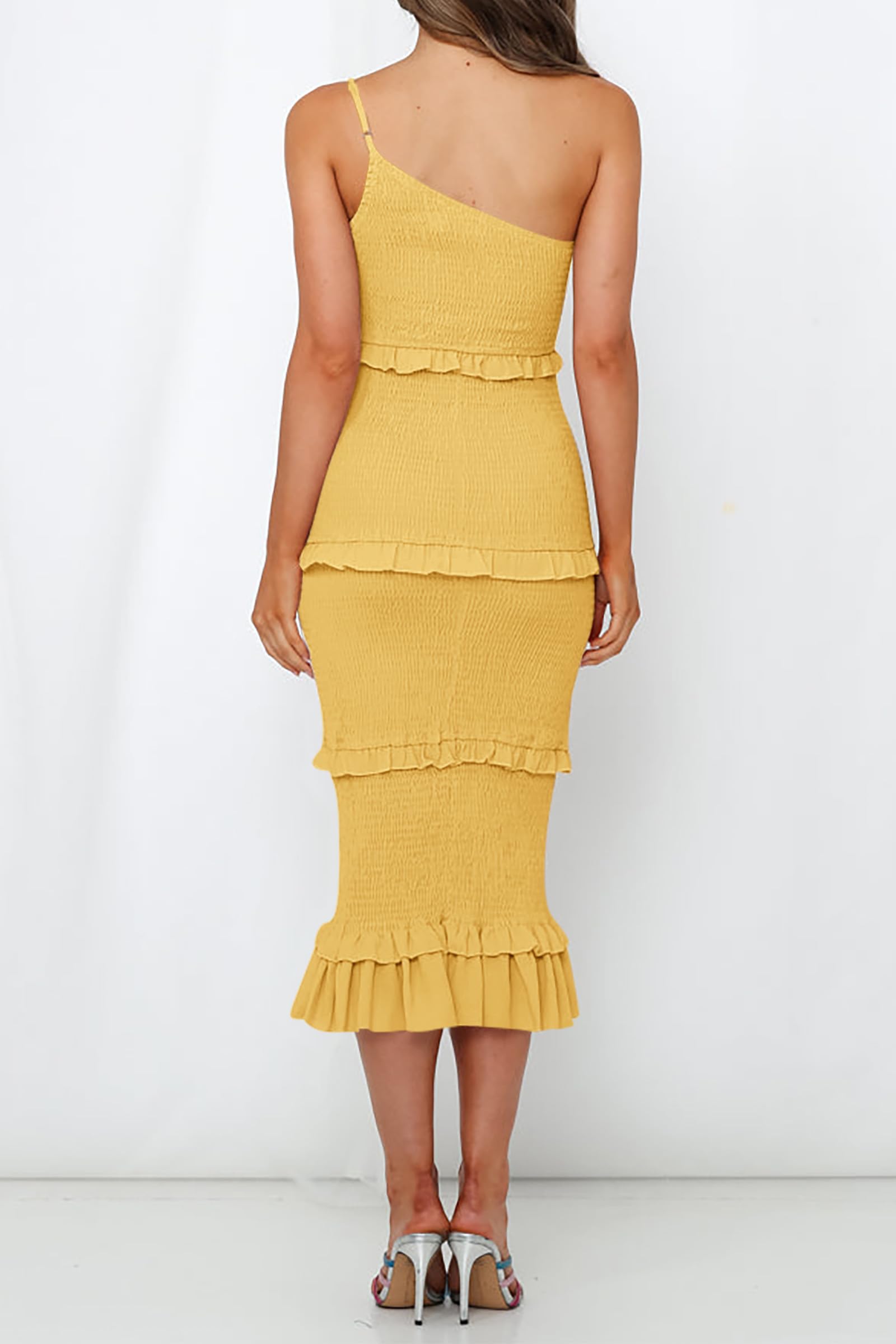 PRETTYGARDEN Women's Summer Midi Bodycon Dresses One Shoulder Strappy Tiered Ruffle Floral Boho Sun Dress