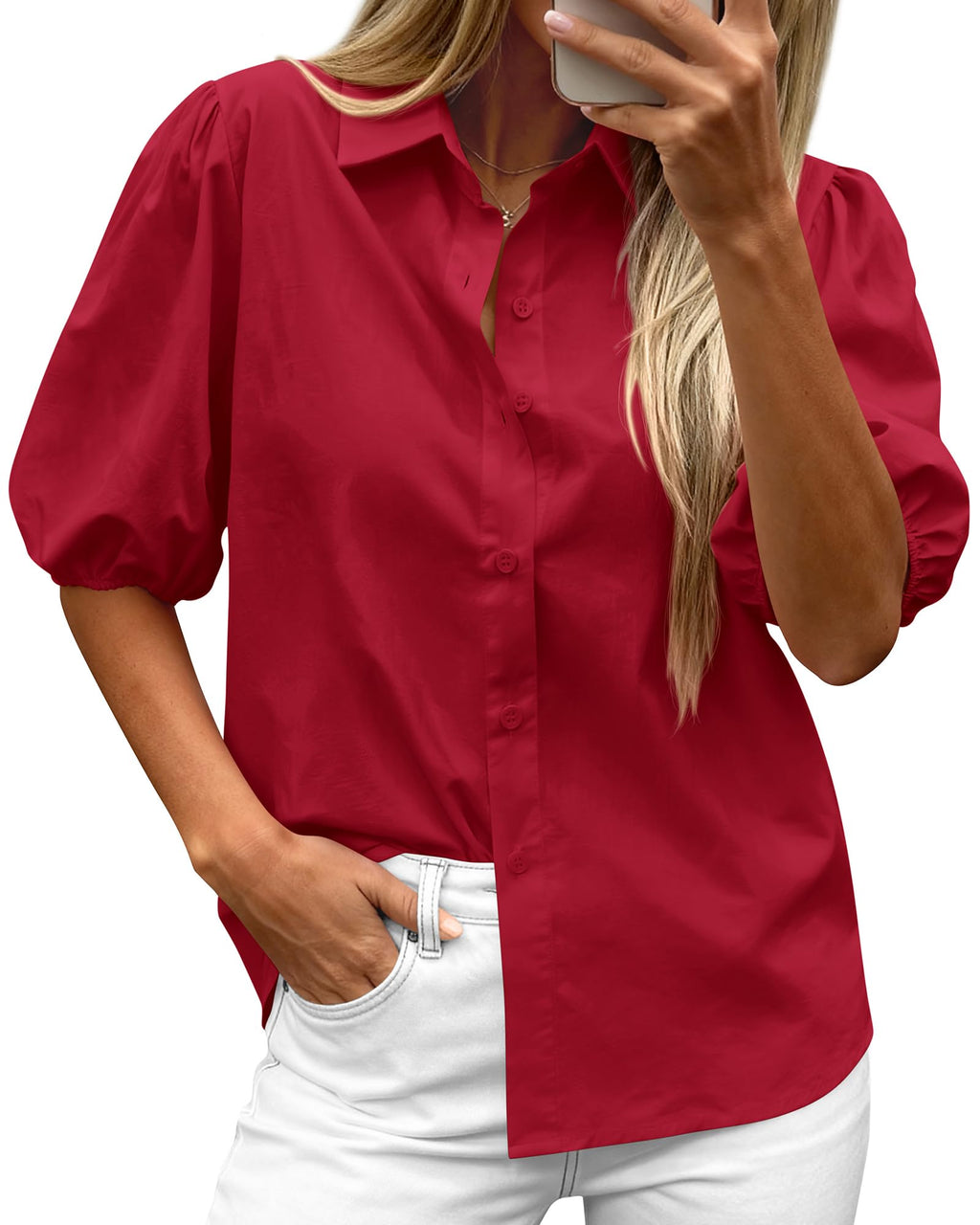 BTFBM Women's Button Down Shirts Short Puff Sleeve Collared V Nec Summer Tops Dressy Casual Work Business Blouses