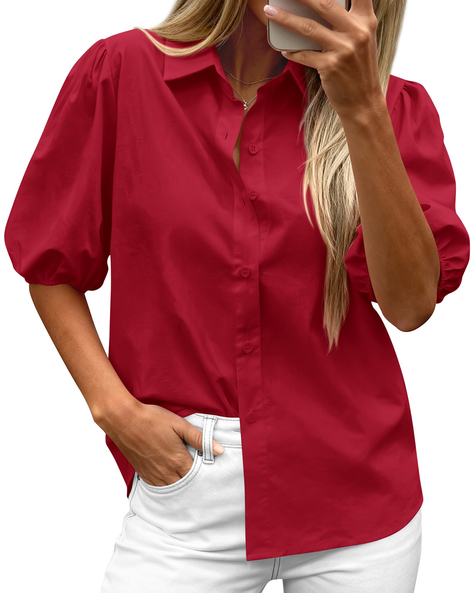 BTFBM Women's Button Down Shirts Short Puff Sleeve Collared V Nec Summer Tops Dressy Casual Work Business Blouses