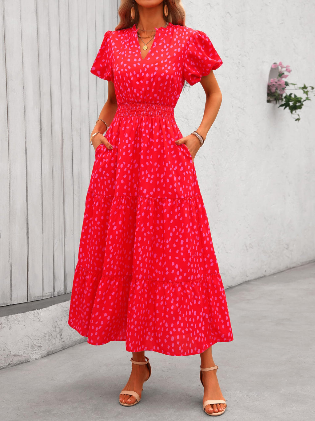 PRETTYGARDEN Summer Maxi Dresses for Women  Casual V Neck Puff Short Sleeve Smocked Flowy Beach Boho Long Floral Dress