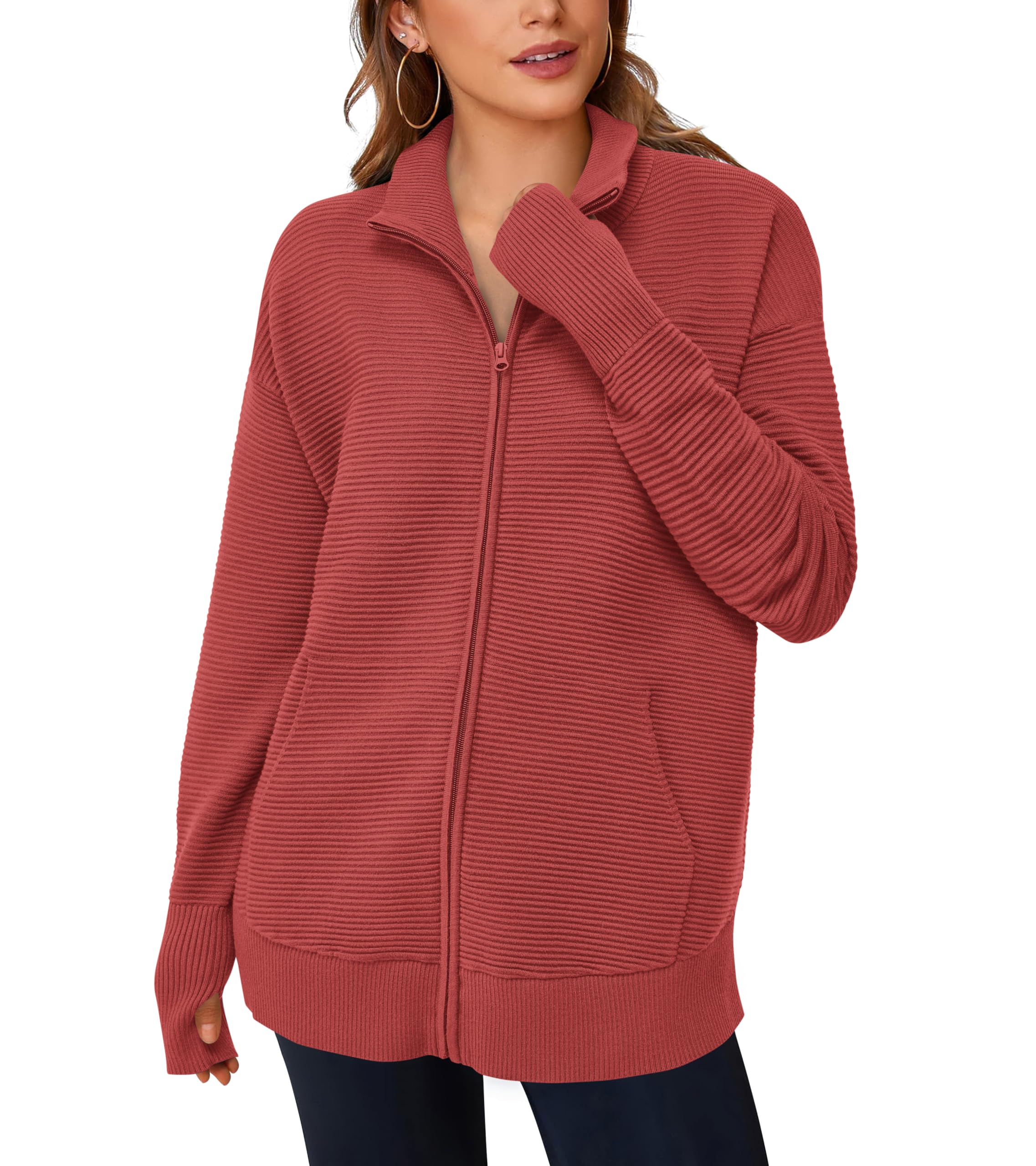 PRETTYGARDEN Womens Fall Long Sleeve Zip Up Cardigan Sweaters Casual Loose Collared Ribbed Knit Tops Jackets Thumb Hole