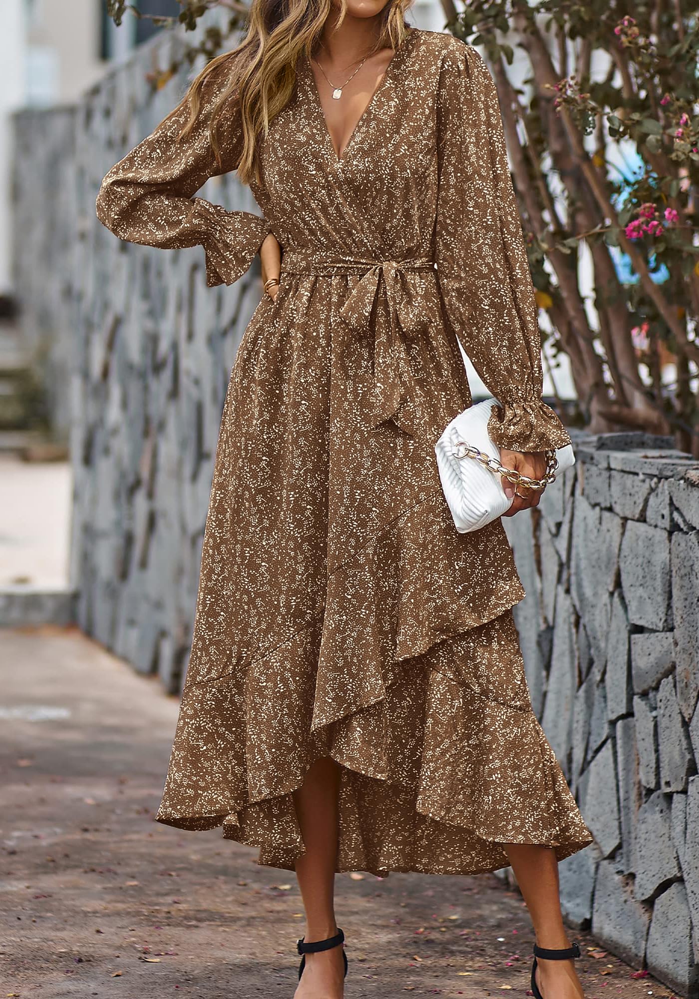 BTFBM Womens Dresses Summer V Neck Floral High Waist Ruffle Wedding Guest Cocktail Boho Spring Long Sleeve Dress