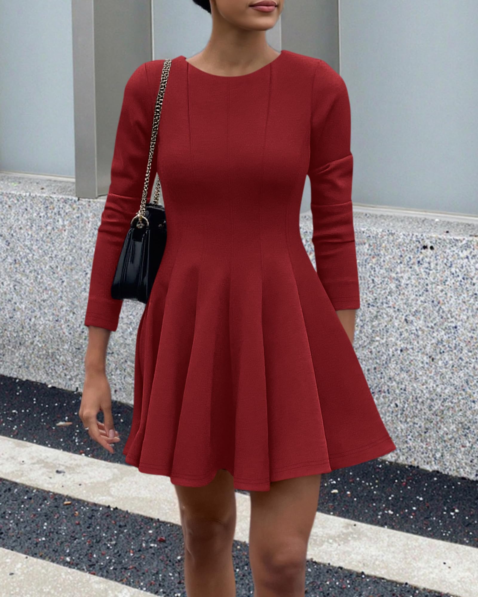 BTFBM Spring Dresses for Women Long Sleeve High Waist Pleated Flowy A Line Party Wedding Guest Dress Business Casual