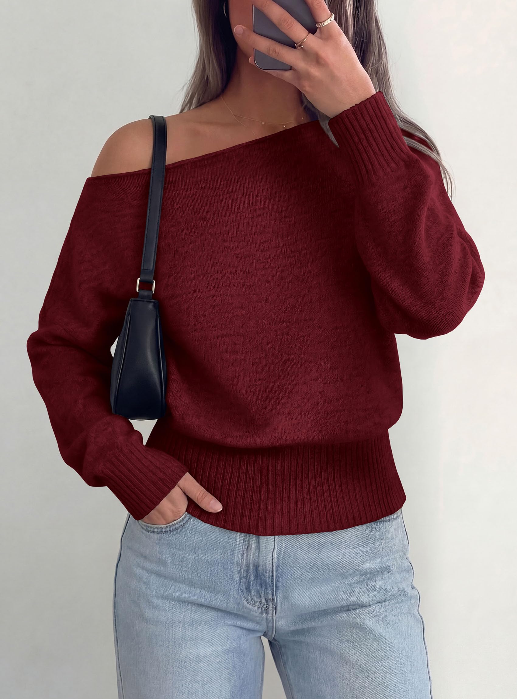 PRETTYGARDEN Womens Off The Shoulder Sweater Fall Fashion Soft Stretchy Knit Fabric, Batwing Long Sleeve Cinched Waist Cropped Sweaters, Date Night Outfit, Asymmetrical Going Out Tops
