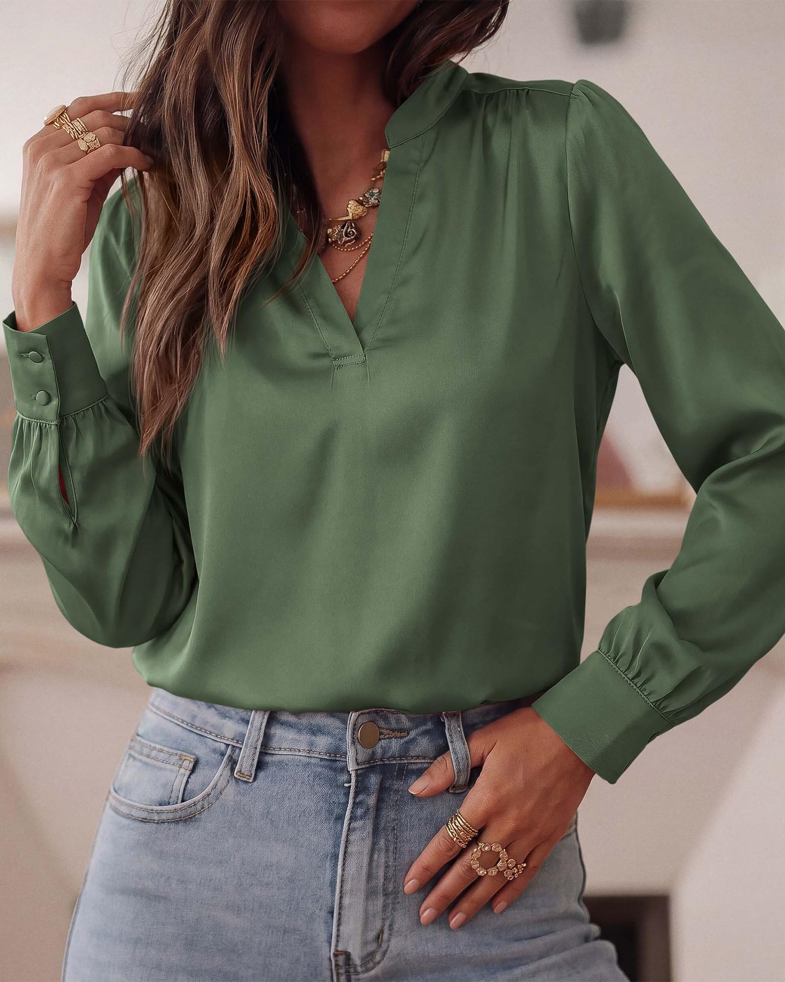 BTFBM Satin Blouses for Women Dressy Casual | Lightweight,V Neck,Long Sleeve Tops,Going Out Outfits,Fall Fashion Clothing