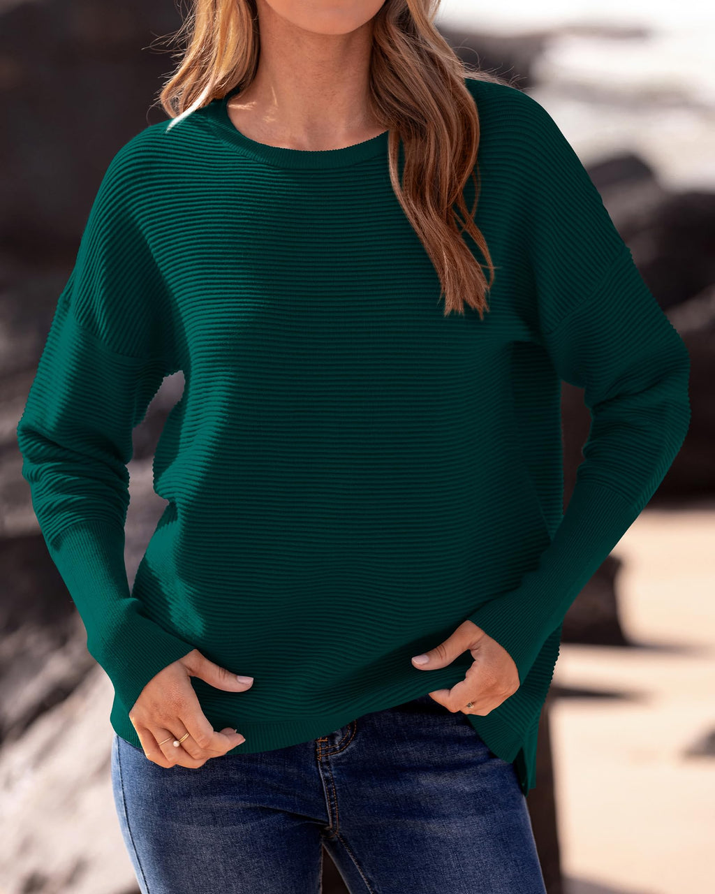 FreshPrettyFall Sweaters for Women Casual Long Sleeve Sweater Striped Loose Fit Pullover Tops