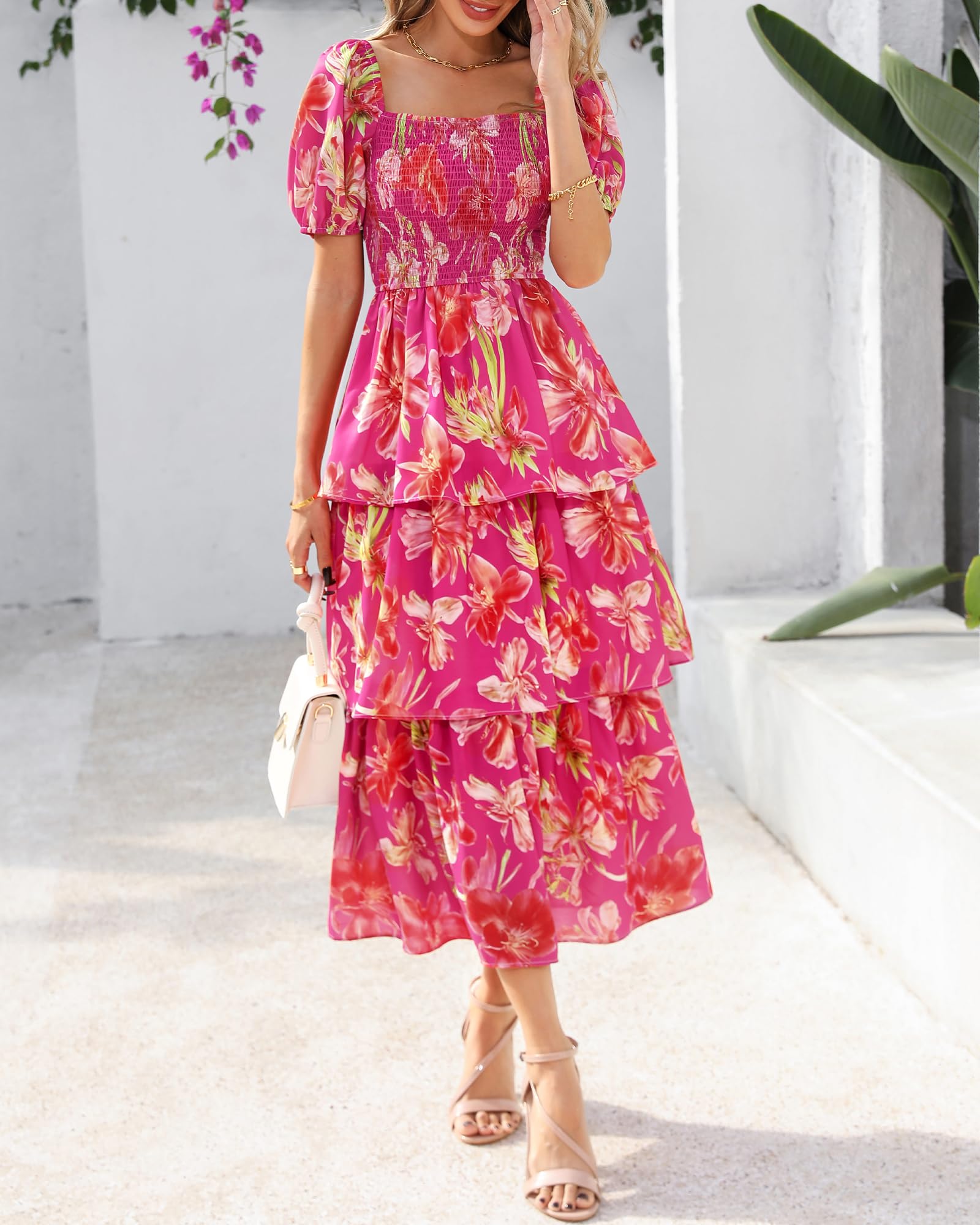 BTFBM Womens Square Neck Smocked Dress Summer Puff Short Sleeve Floral Casual Ruffle Tiered Maxi Wedding Guest Dresses