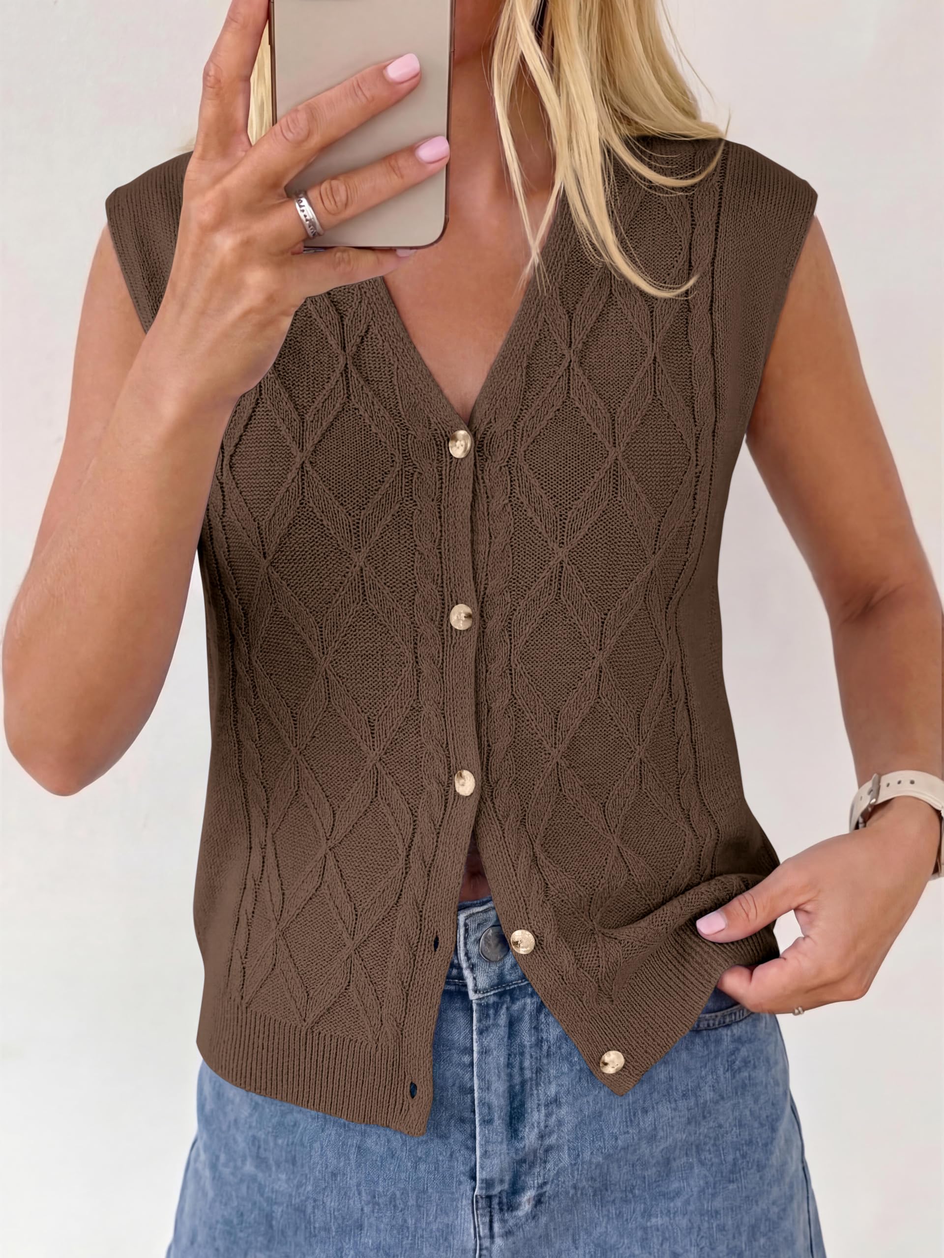 BTFBM Vest Tops for Women Summer V Neck Button Loose Lightweight Cardigan Knit Cap Sleeve Sweater Vests Fashion Clothing