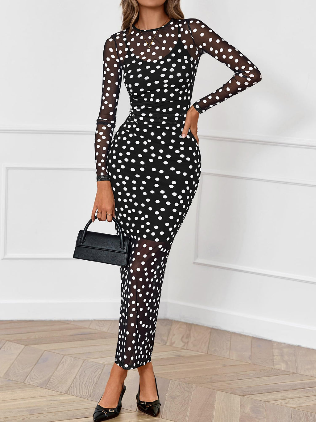 BTFBM Spring Dresses for Women 2 Piece Set Long Sleeve Polka Dot Sexy Bodycon Mesh Dress and Slip Dress Wedding