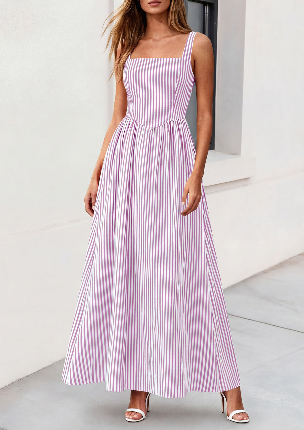 PRETTYGARDEN Women's Maxi Striped Dress Summer Sleeveless Square Neck Smocked A Line Long Flowy Spring Vacation Sundress