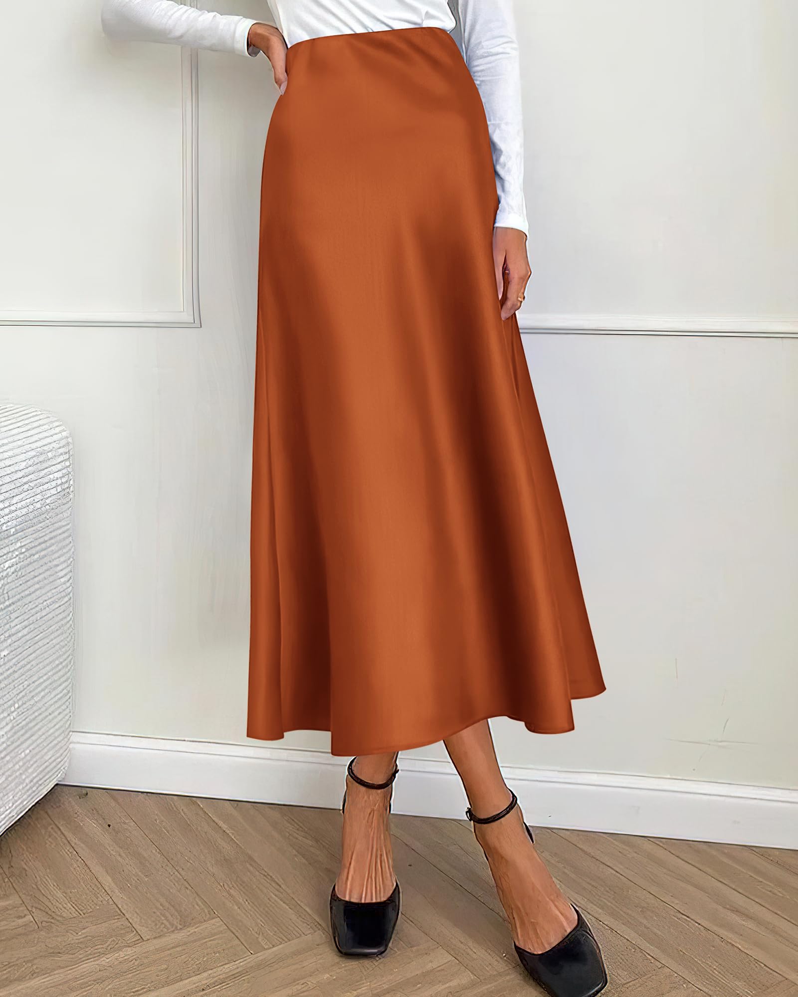BTFBM Summer Womens Skirts Silk Elegant High Waist Flowy Long Satin A-Line Midi Skirt Cocktail Wedding Party