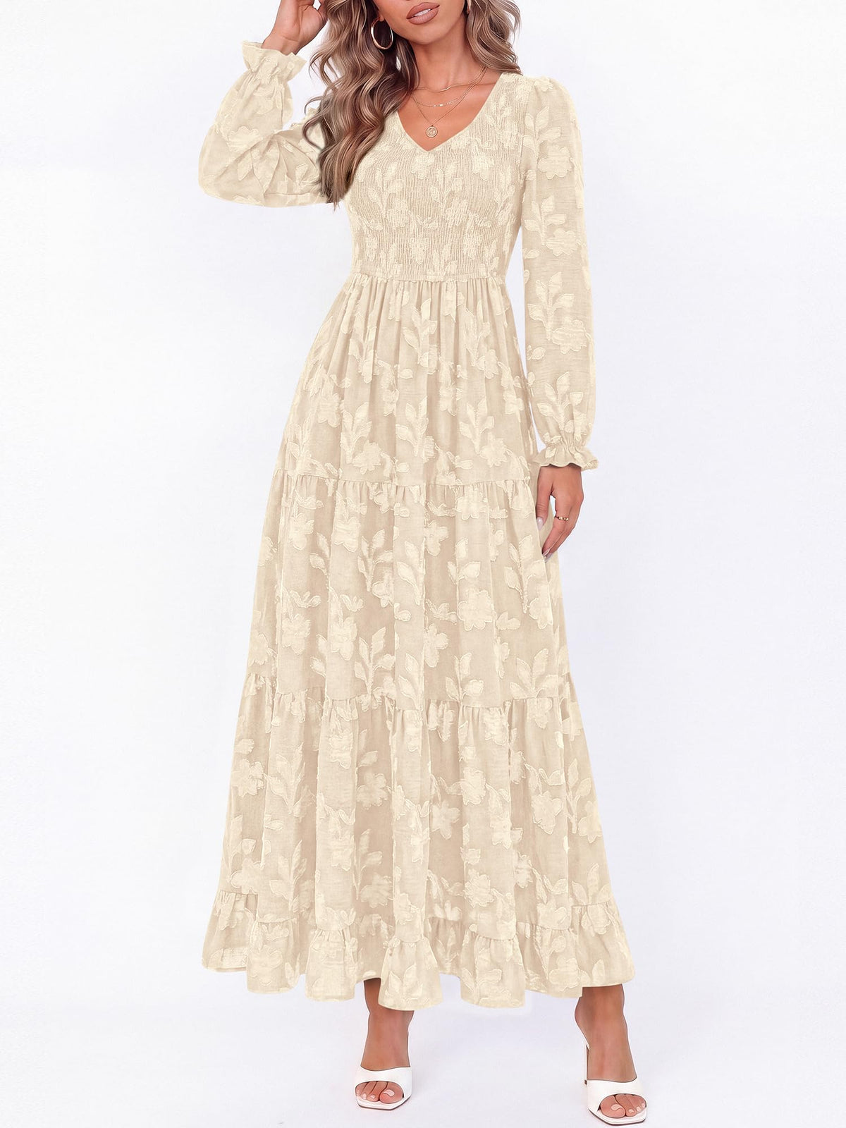 FreshPretty Womens Long Sleeve V Neck Wedding Guest Maxi Dress,Casual Floral Boho Flowy Smocked Long Dresses With Pockets, High Waist, A Line, 2026 Fall Semi Formal Cocktail Party Dress