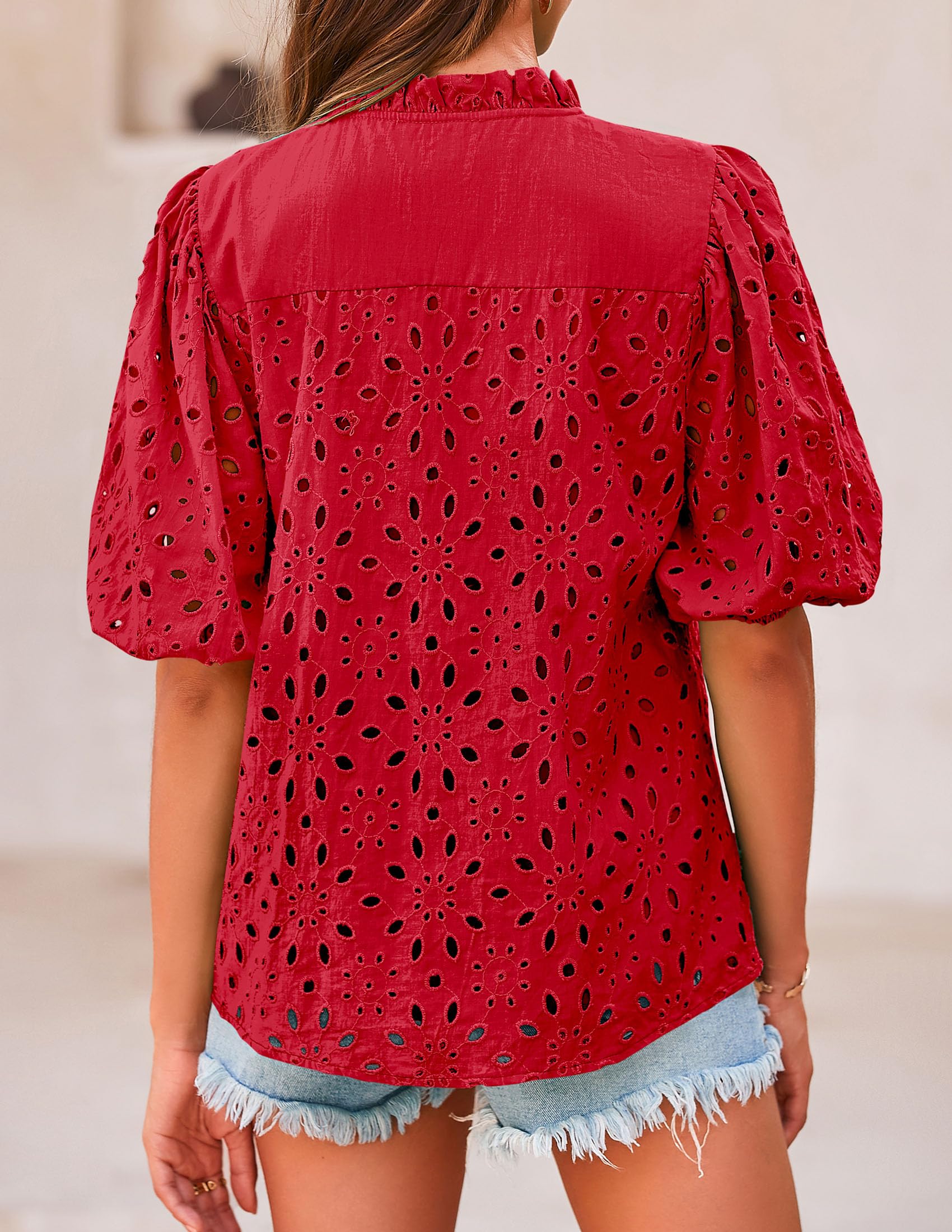 PRETTYGARDEN Women's Summer Tops Dressy Casual Short Sleeve V Neck Buttons Hollow Out Lace Embroidered Blouses Shirts