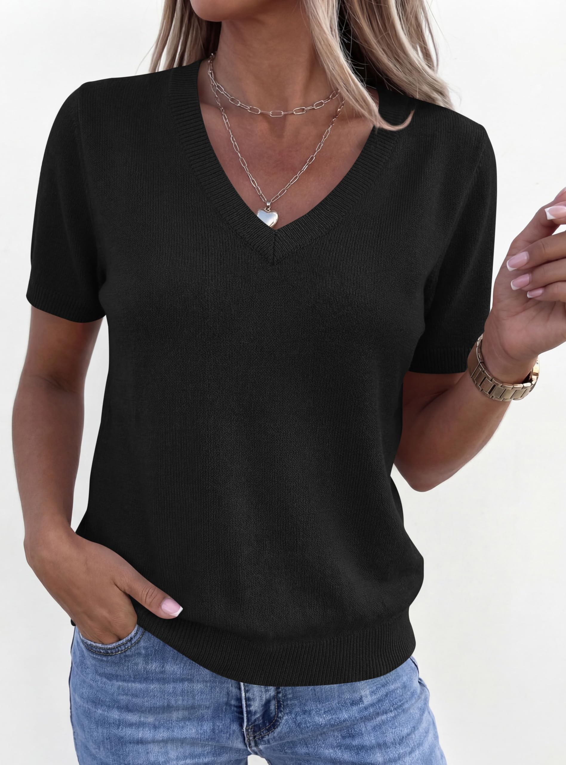 PRETTYGARDEN Womens Short Sleeve Sweater V Neck Trendy Pullover Tops Summer Spring Loose Lightweight Casual Blouse