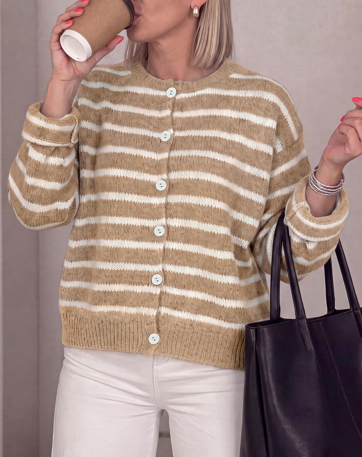 FreshPretty Women's Chunky Knit Striped Cardigan Sweaters Casual Button Front,Long Sleeve Knit Cardigan,Soft Loose Fit Sweaters for Business Casual Work,Fall Winter Outerwear Layering