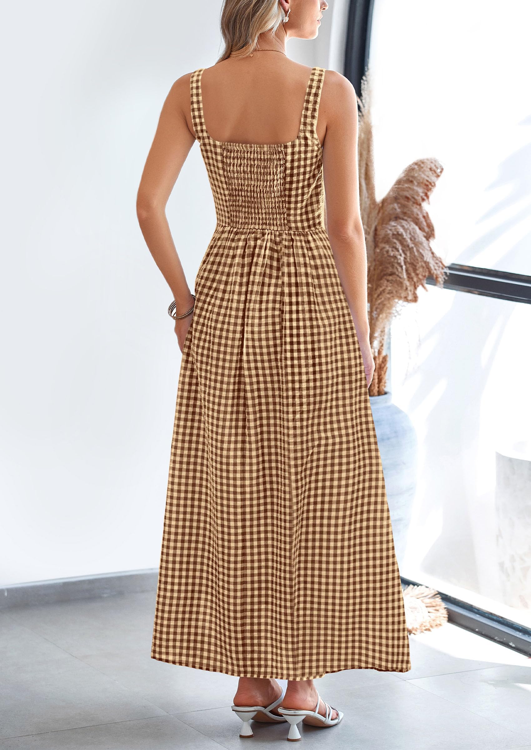 PRETTYGARDEN Women's Summer Spaghetti Strap Maxi Dresses Plaid Square Neck A Line Casual Beach Vacation Long Sundress