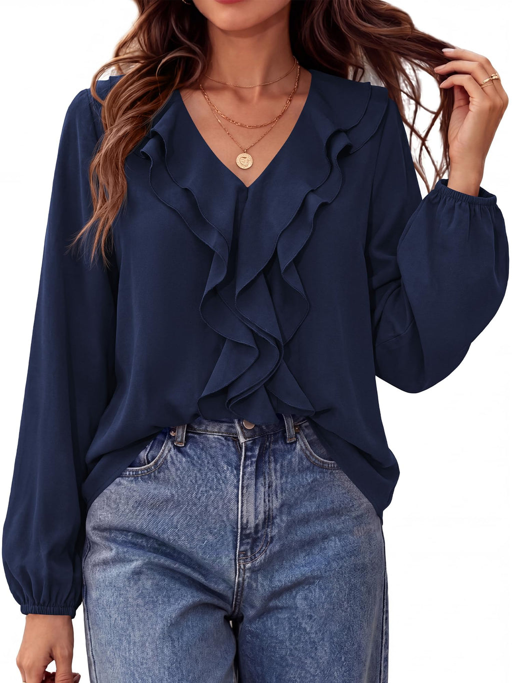 BTFBM Womens Fall Tops Ruffle Blouses Dressy Casual | Double Ruffled Collar V Neck Long Sleeve Shirts, Lightweight Fashion Clothing Trendy, Daily Business Office Work Clothes