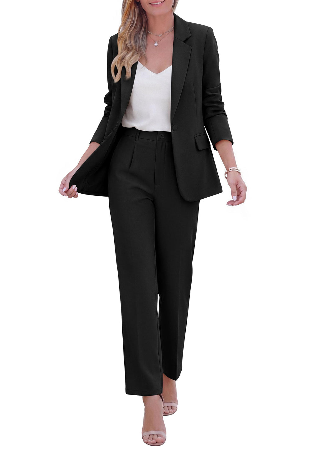 PRETTYGARDEN Two Piece Sets for Women Dressy Pant Suits Lapel Blazer,Straight Leg Dress Pants,Professional Interview Suit Set,Business Casual Outfits,Office Work Clothes,Fall Winter
