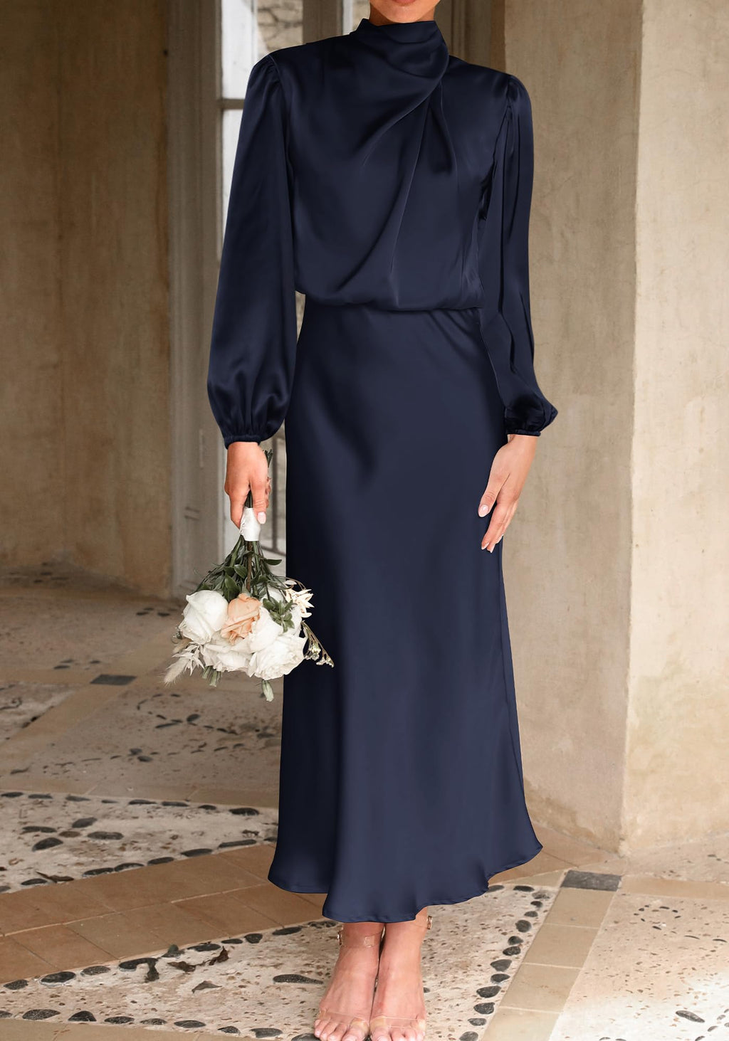 BTFBM Womens Mock Neck Satin Dress Spring Summer Long Sleeve Lightweight Formal Wedding Party Maxi Cocktail Dresses