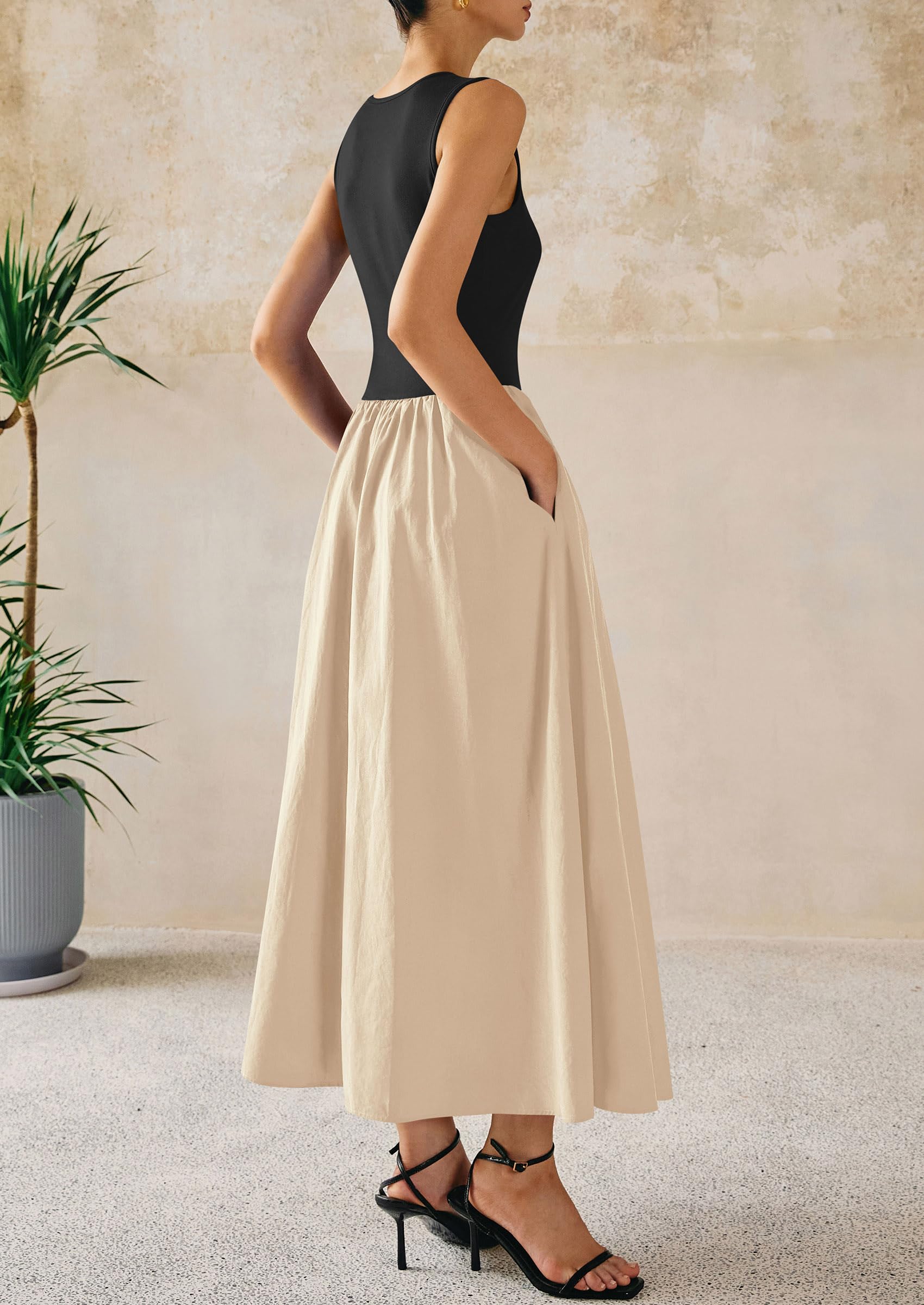 PRETTYGARDEN Maxi Dresses for Women Summer Casual Sleeveless Patchwork Flowy Vacation Sundress Knit Long Work Tank Dress