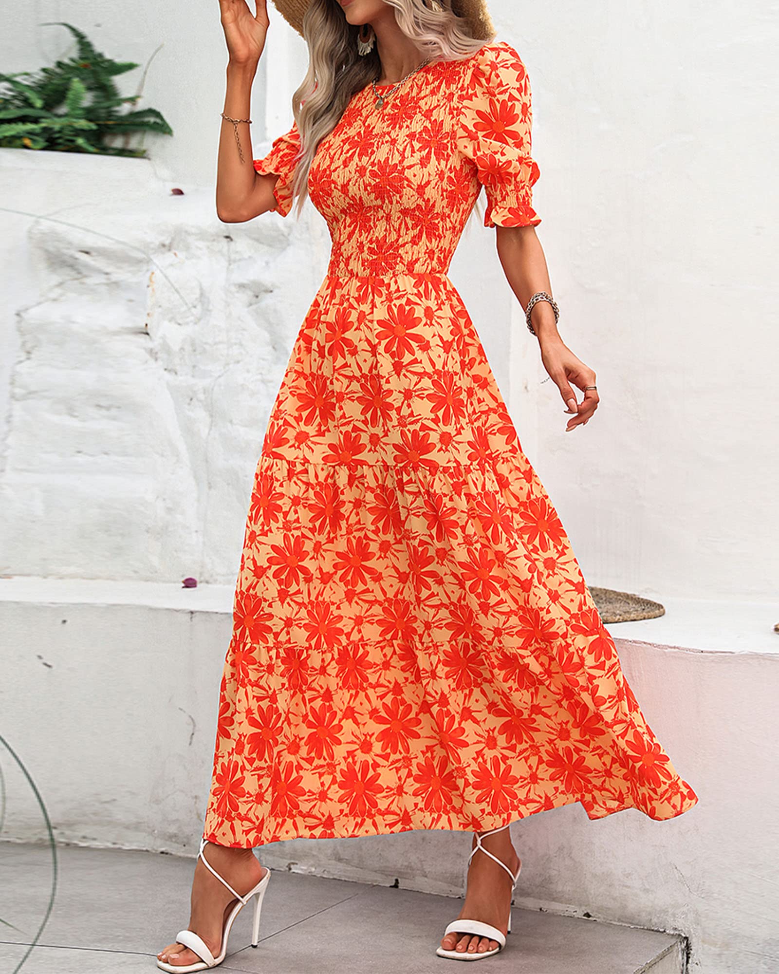 FreshPretty Women Casual Summer Dresses Spring Crew Neck Ruffle Short Sleeve Floral Print Smocked Boho Flowy Maxi Dress