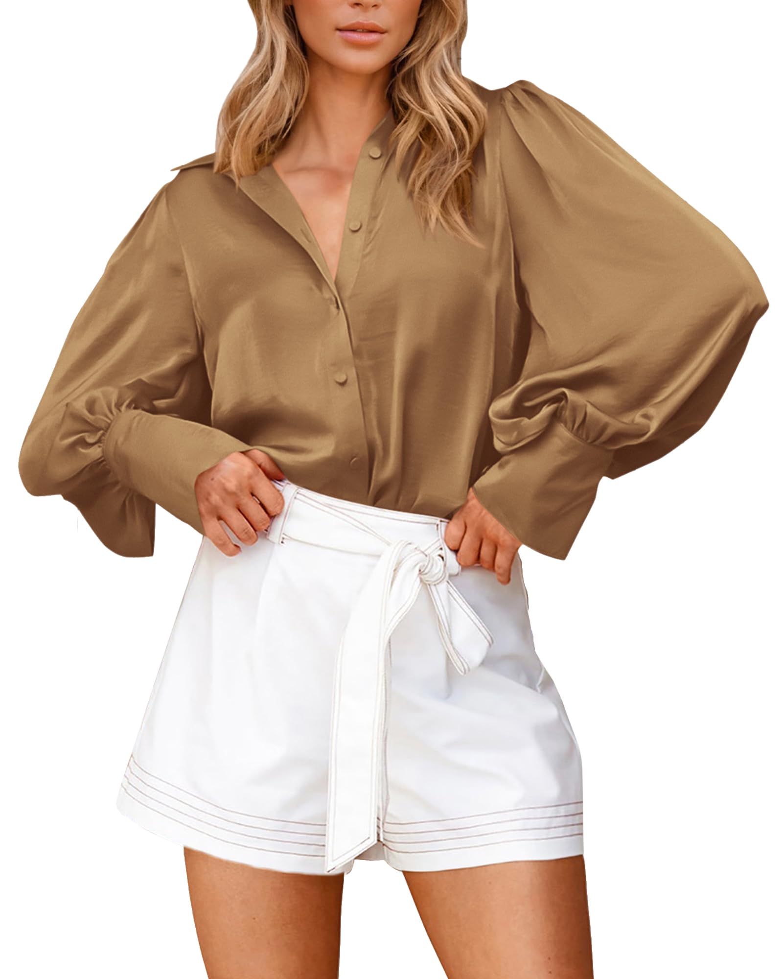 BTFBM Women Satin Blouses Summer Fall Clothes Button Down Lantern Long Sleeve Shirts Work Business Casual Dressy Tops