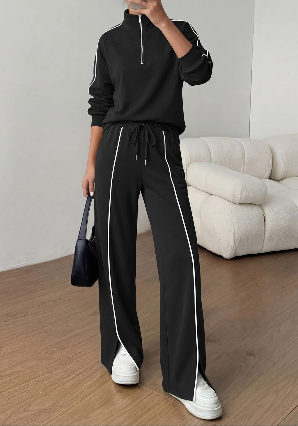 BTFBM 2 Piece Sets for Women Lounge Set Fall Outfits 2 Piece Outfits,Long Sleeve,Solid,Half Zip,Wide Leg Pants,Matching Sets Women Clothing,Tracksuits,Pants Set