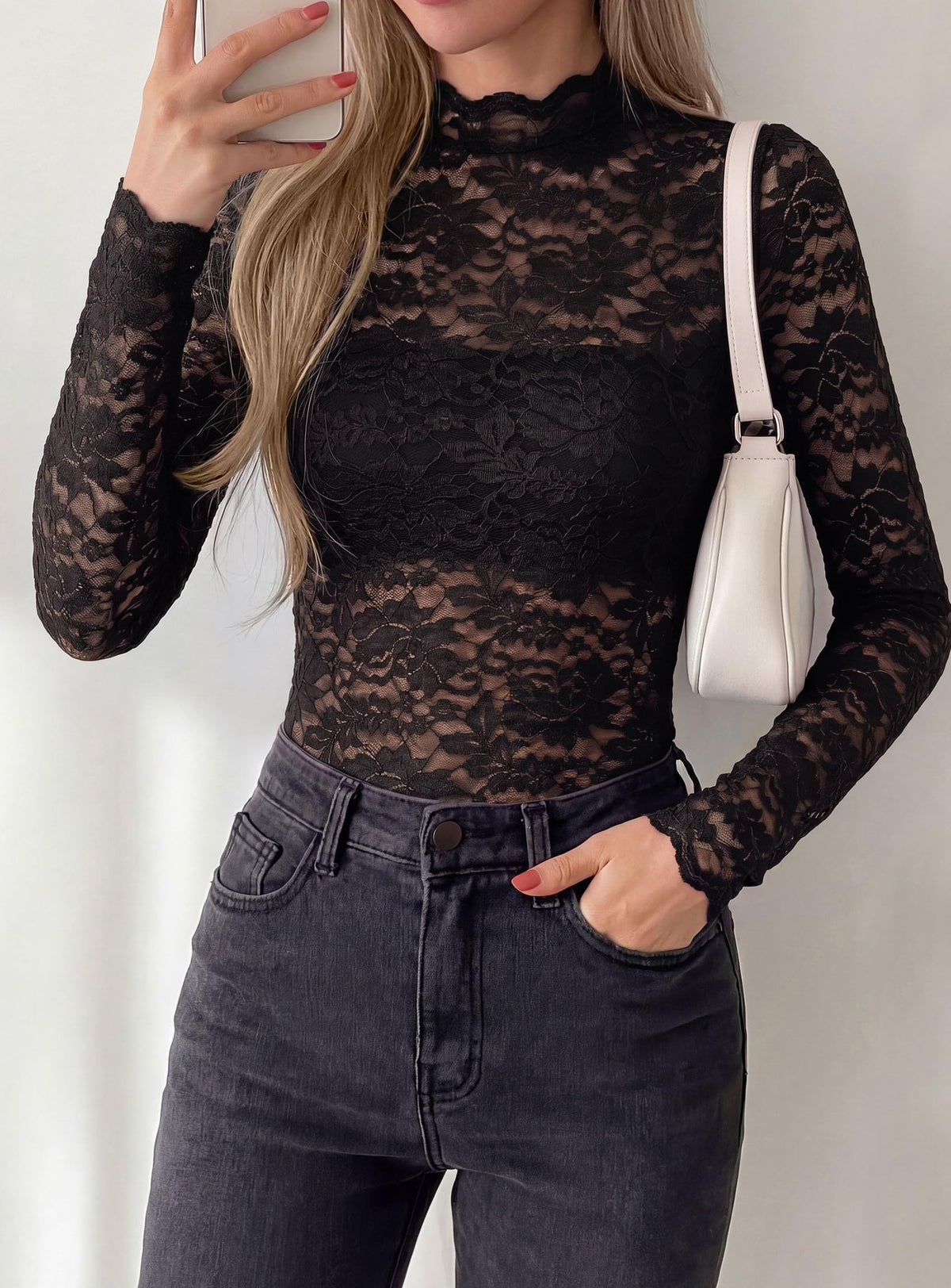 PRETTYGARDEN Womens Lace Long Sleeve Tops Sheer Mesh Blouse | Mock Neck Floral See Through, Slim Fitted, Soft Stretchy Elegant, Going Out Concert, Club Party Outfits, Fall Fashion Clothes