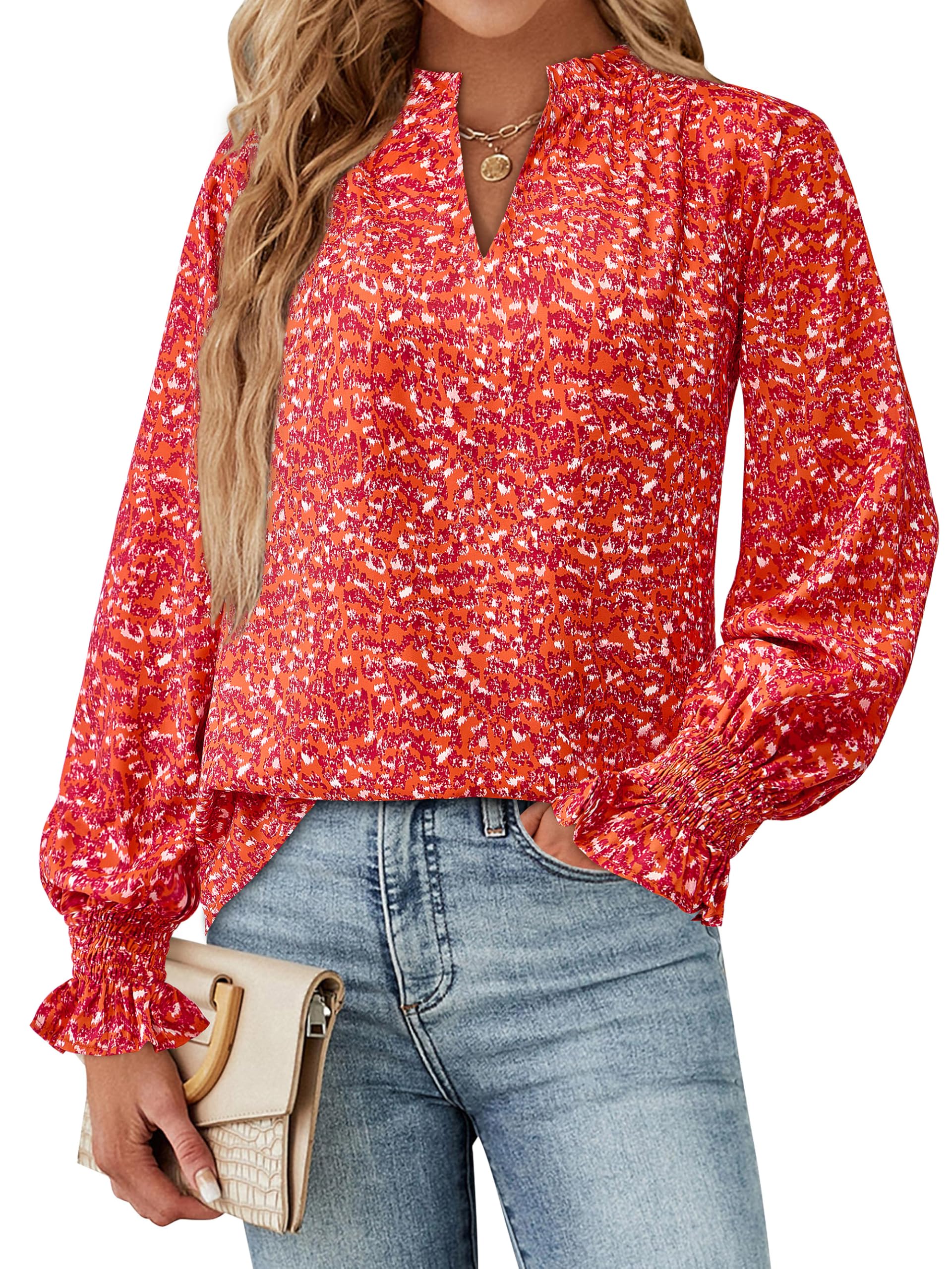 FreshPretty Womens V Neck Floral Long Sleeve Tops Summer Casual Loose Puff Sleeve Chiffon Boho Work Blouse Dressy T Shirts
