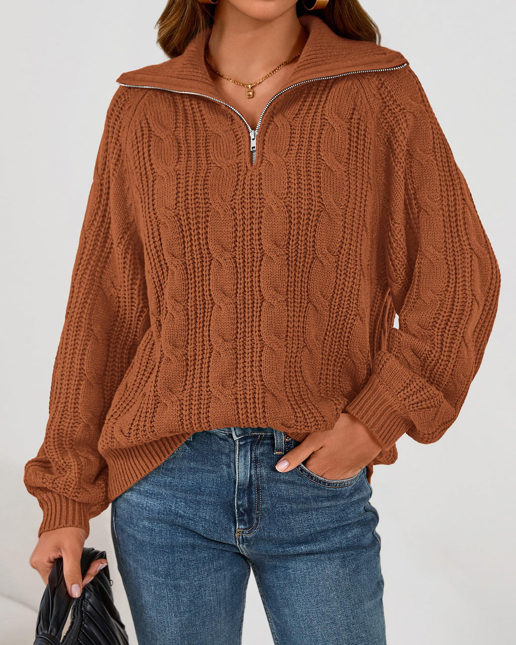 BTFBM Sweaters for Women Fall Fashion Loose Quarter Zip Pullover Collared Long Sleeve Cable Knit Winter Clothes
