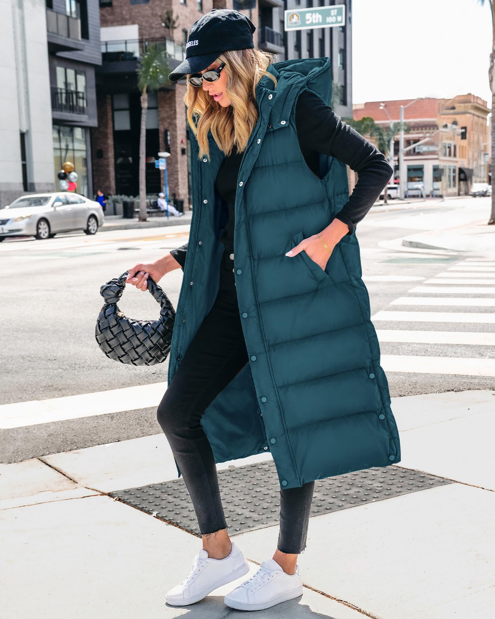 BTFBM Long Puffer Vest Women Quilted Hooded Button Down Zip Up Sleeveless Vests Outerwear Padded Jacket Fall Winter Coat