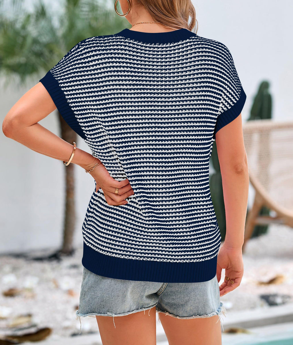 PRETTYGARDEN Womens Short Sleeve Sweater Spring Summer Round Neck Striped Pullover Cap Sleeve Knit Sweater Vest Tops