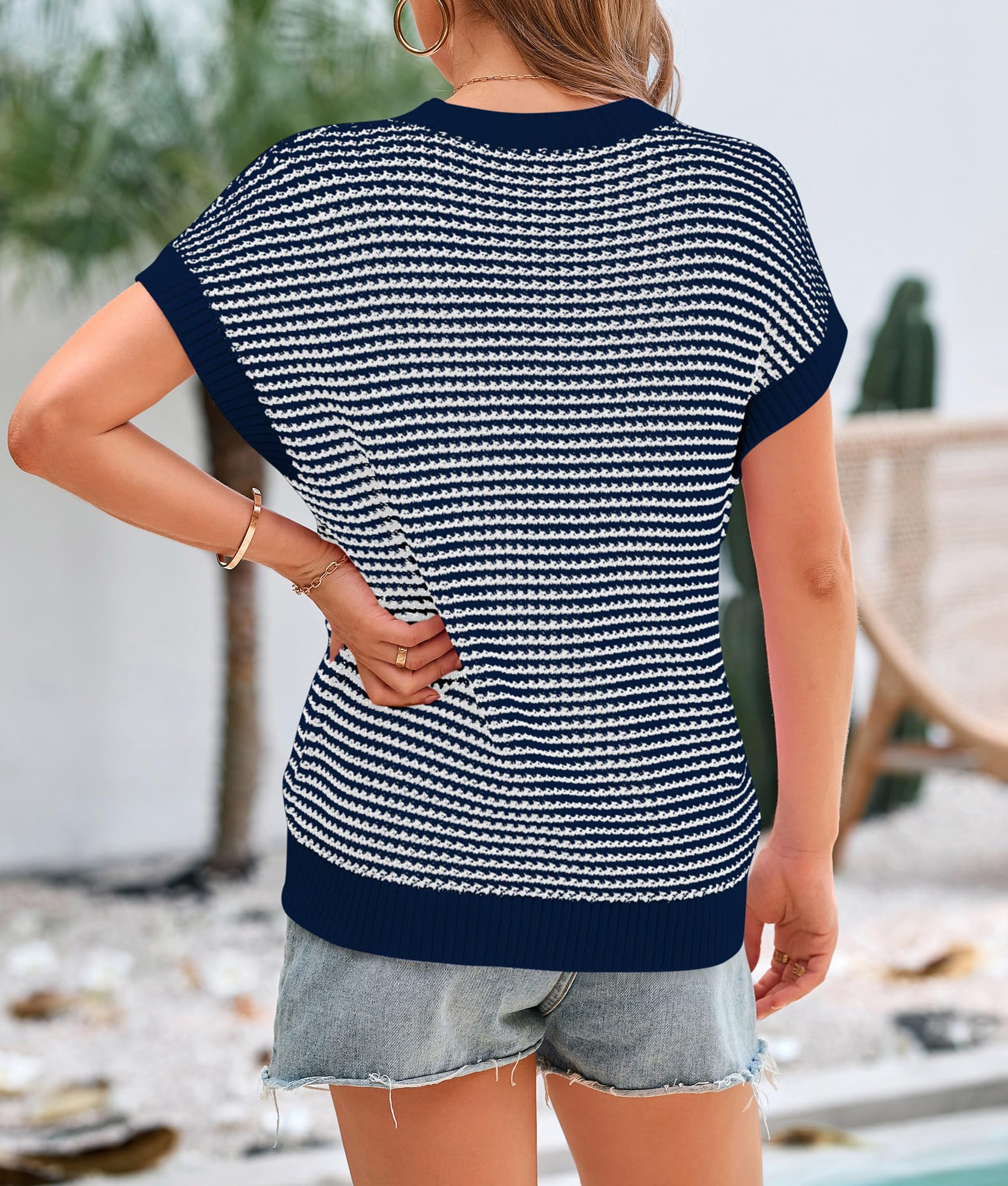 PRETTYGARDEN Womens Short Sleeve Sweater Spring Summer Round Neck Striped Pullover Cap Sleeve Knit Sweater Vest Tops
