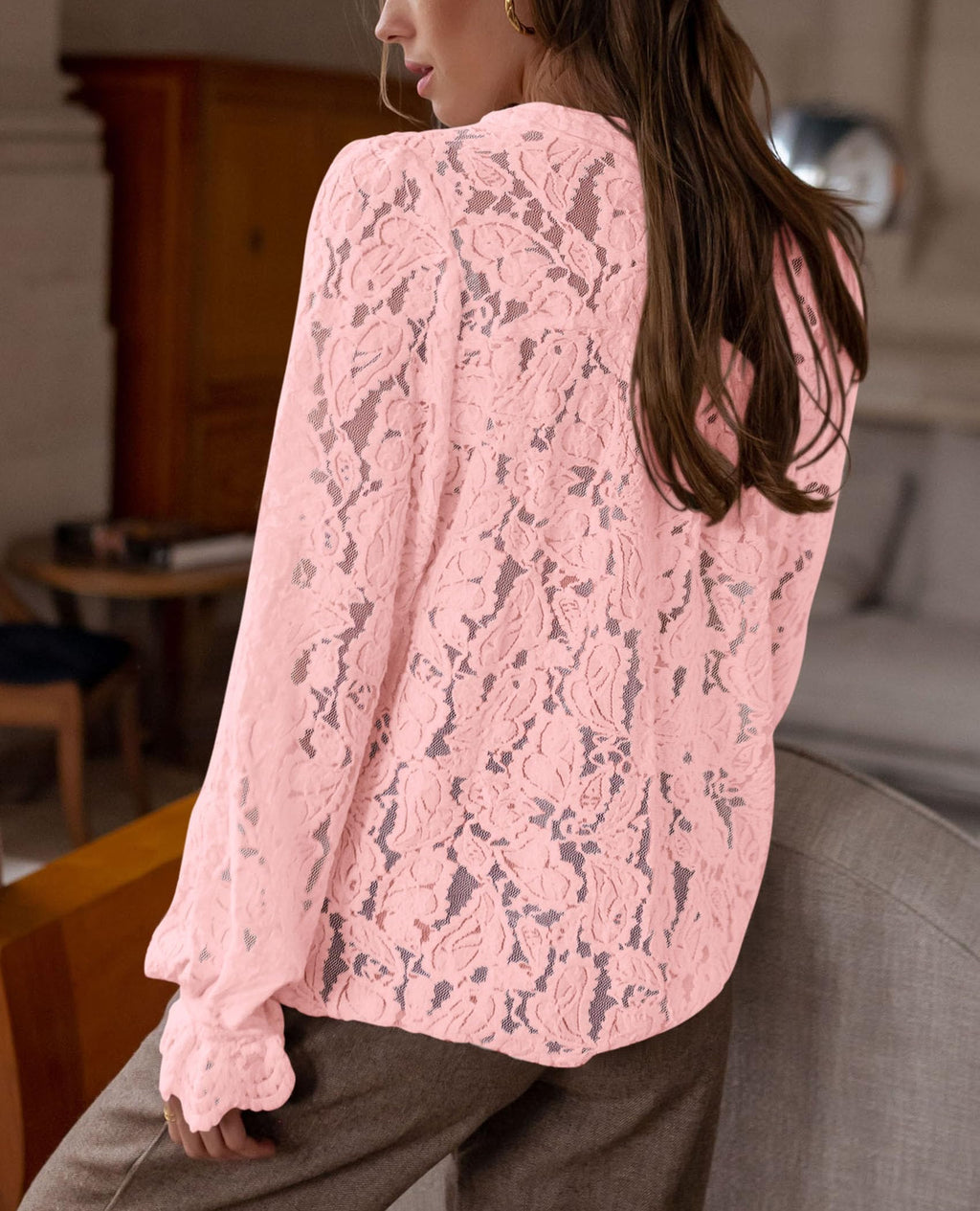 PRETTYGARDEN Women's Dressy Casual Lace Blouse Long Sleeve Button Up Shirts Tops Spring Fall Fashion Clothes