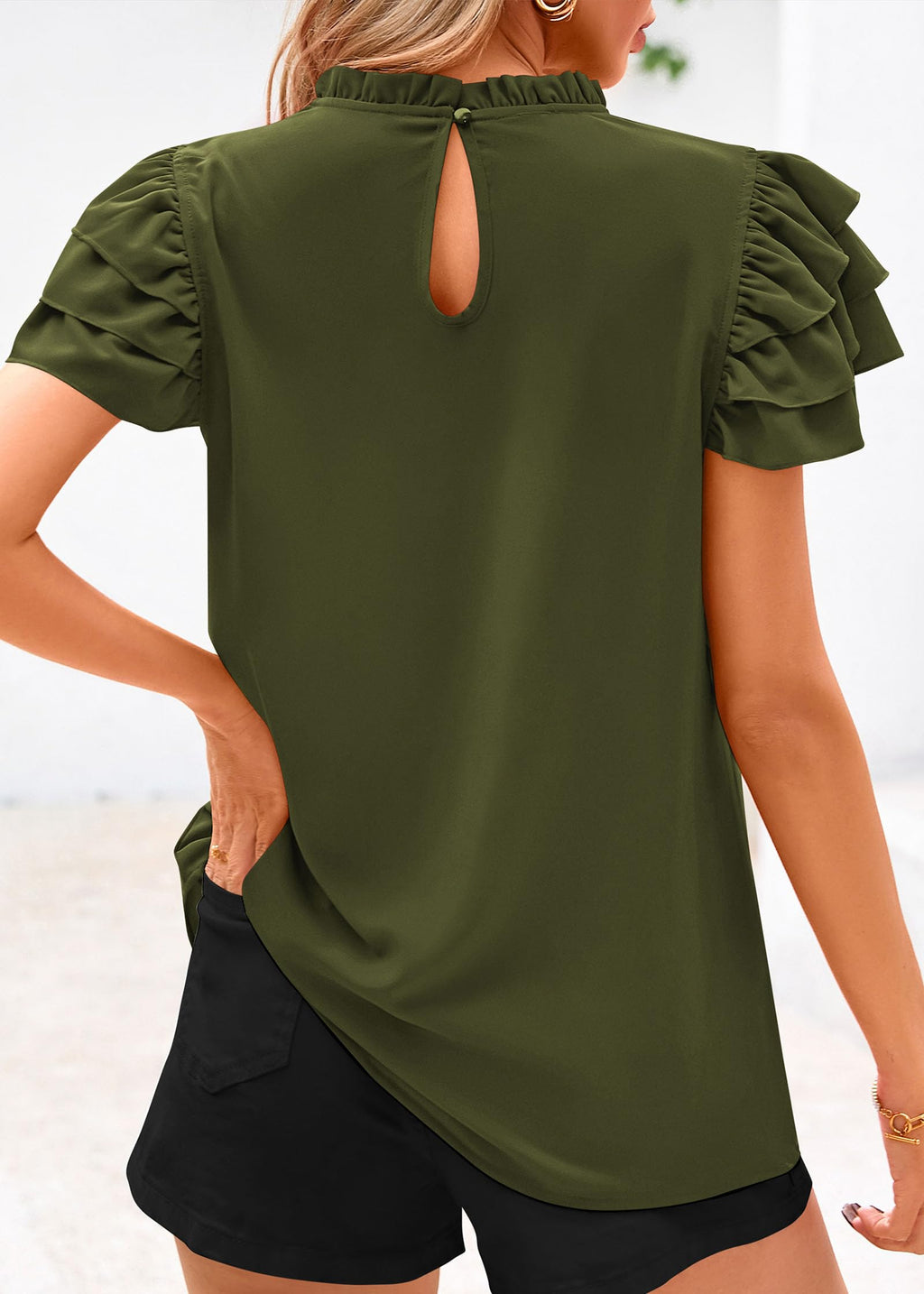 FreshPretty Blouses for Women Dressy Casual Spring Summer Ruffle Short Sleeve Mock Neck Work Shirts Tops Fashion Clothing