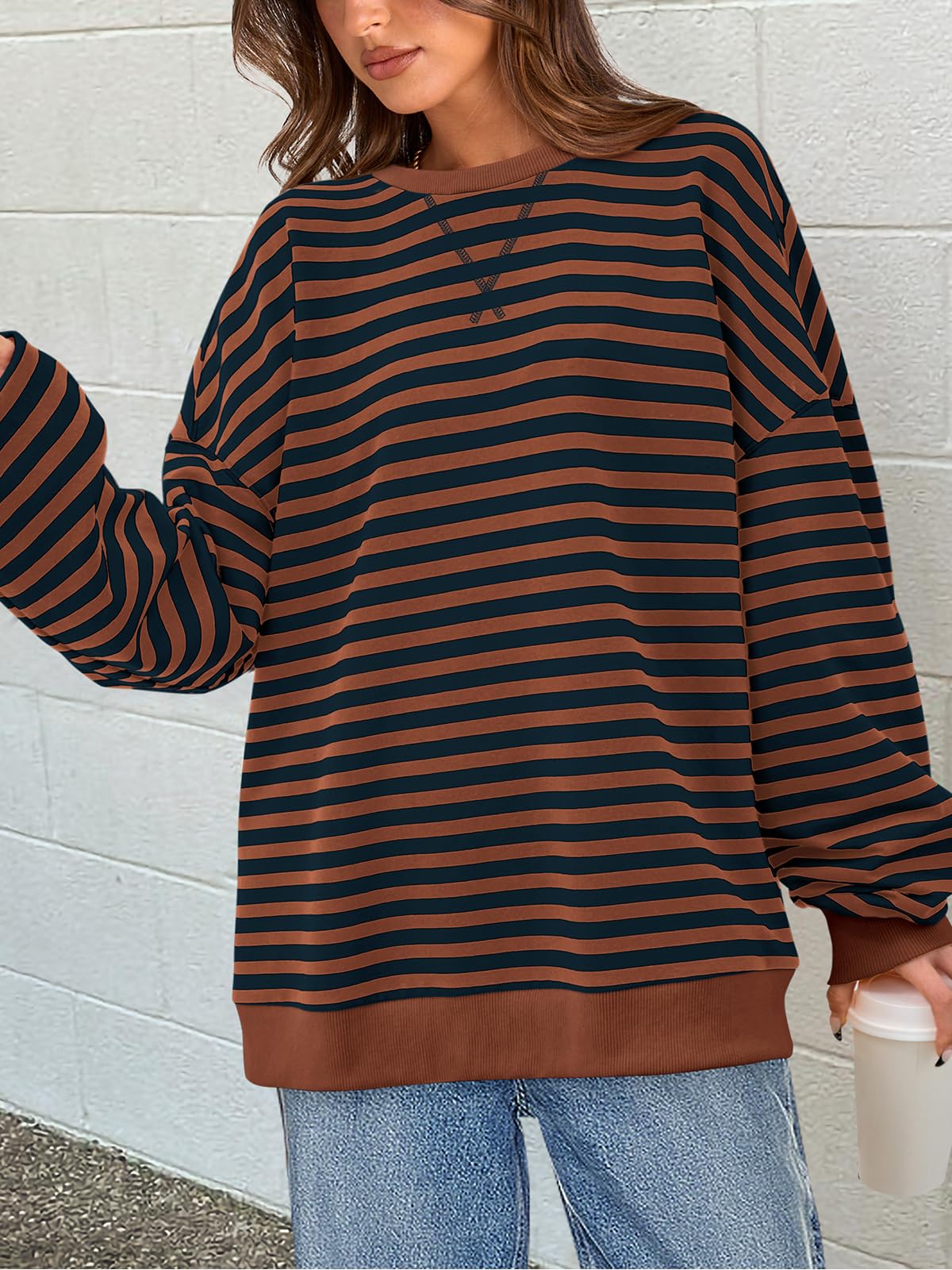 PRETTYGARDEN Womens Striped Oversized Sweatshirt Color Block Crew Neck Long Sleeve Casual Loose Pullover Top Y2K Clothes