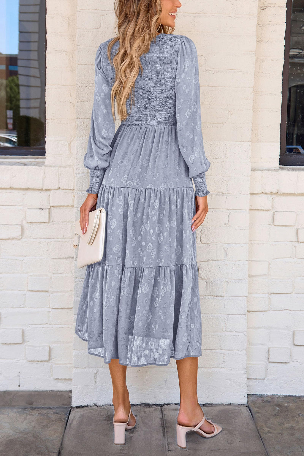 PRETTYGARDEN Women's Fall Spring Midi Dress Long Sleeve Floral Smocked Elegant Wedding Guest Long Flowy Dresses with Pockets