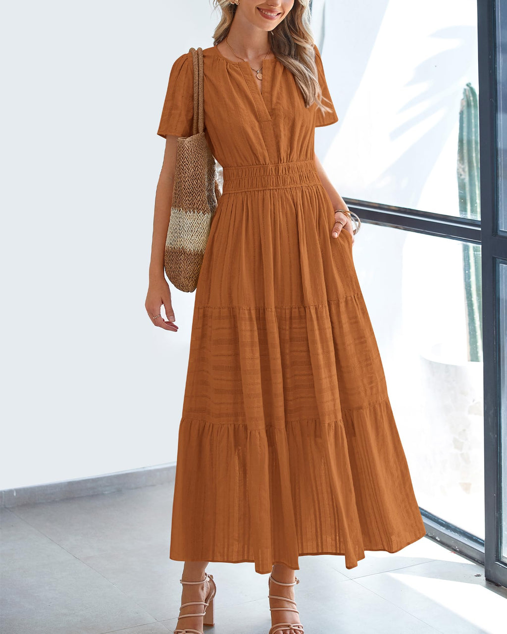 BTFBM Womens Summer Casual Midi Maxi Dresses Lightweight Short Sleeve V Neck Elastic Waist Boho Beach Dress Pockets