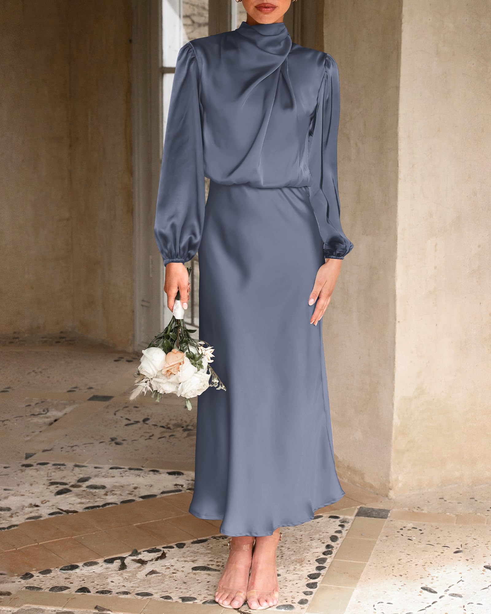 BTFBM Womens Mock Neck Satin Dress Spring Summer Long Sleeve Lightweight Formal Wedding Party Maxi Cocktail Dresses
