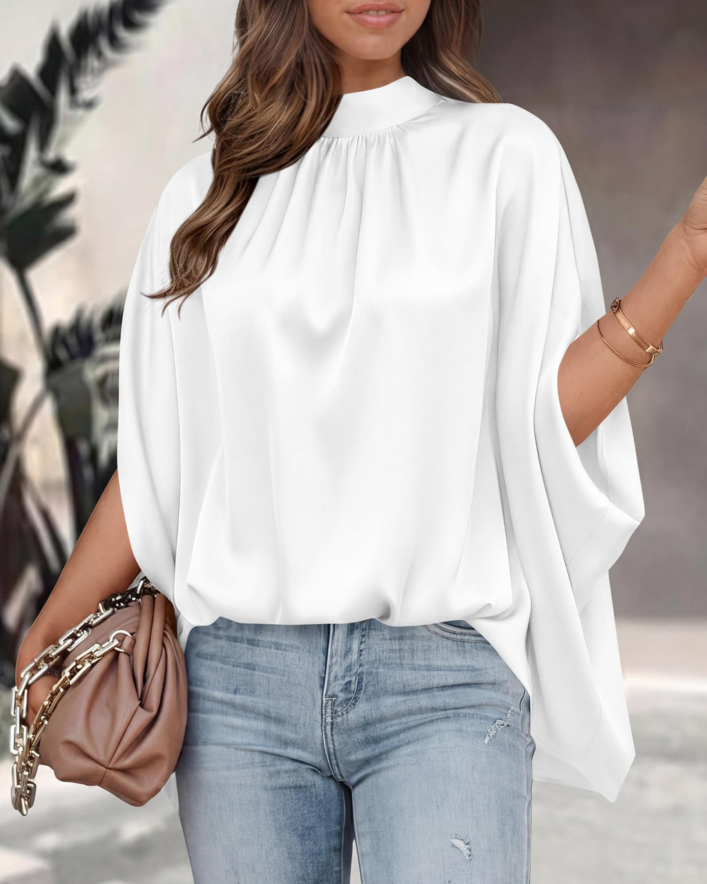 BTFBM Womens Summer Tops Mock Neck Batwing Sleeve Silk Satin Shirts Loose Oversized Dressy Casual Spring Blouses