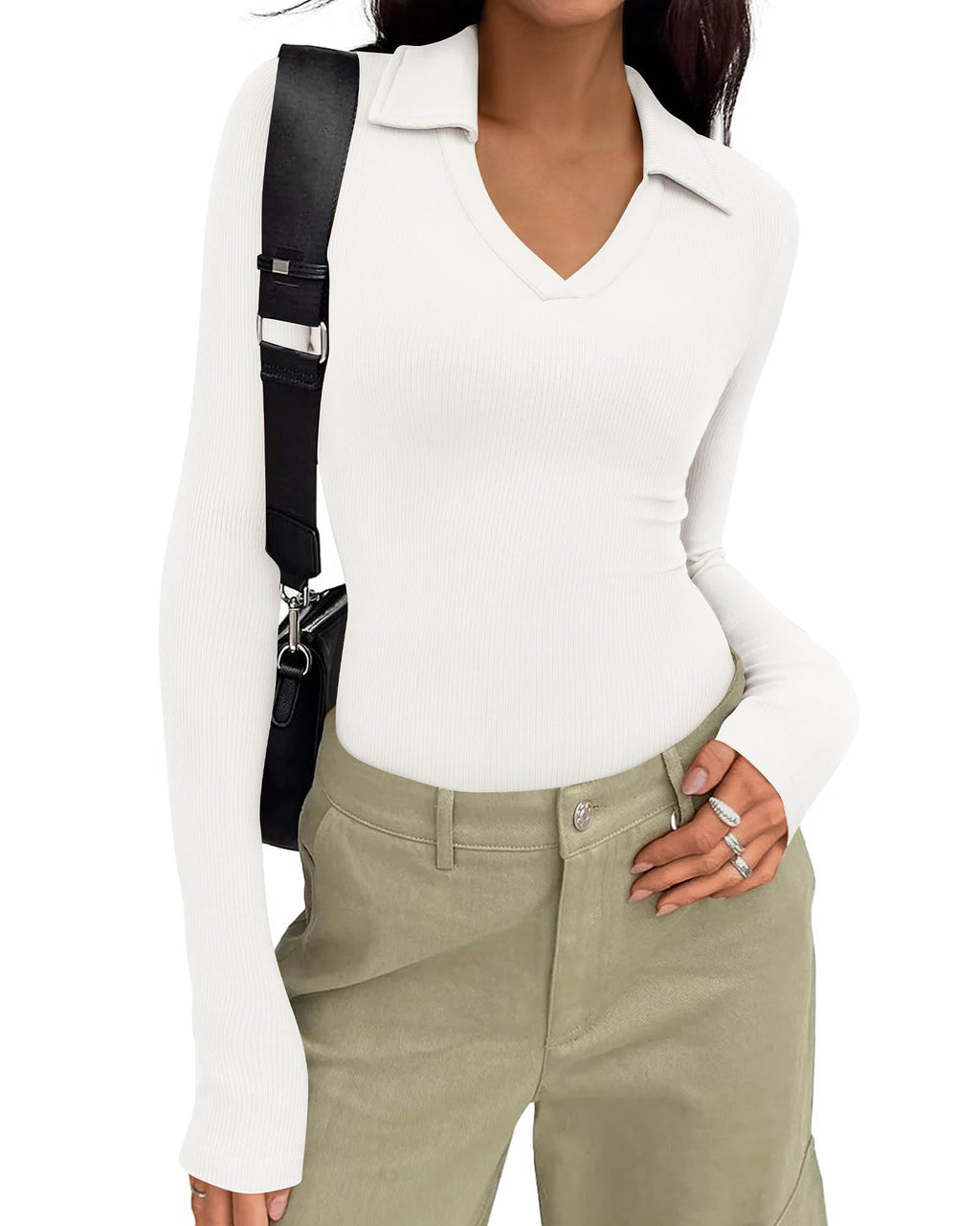 FreshPretty Polo Shirts for Women Long Sleeve Business Casual Tops Spring Fall Ribbed Knit Collared V Neck Slim Work Blouses