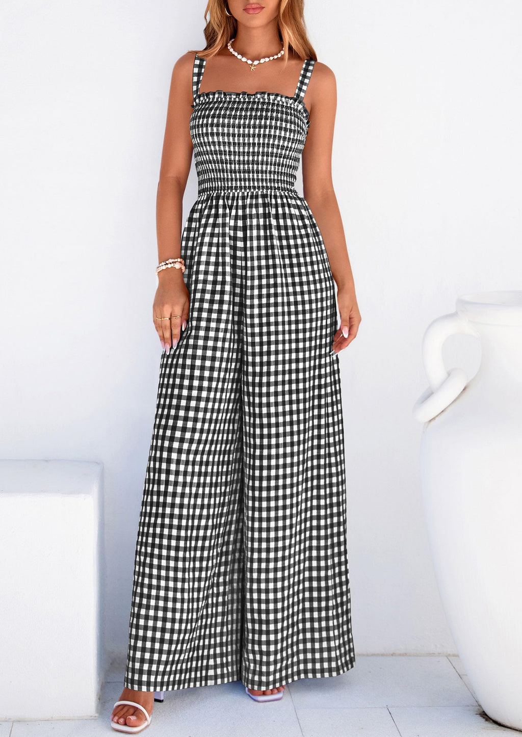 PRETTYGARDEN One Piece Jumpsuits for Women Casual Summer Cruise Outfits  Spring Fashion Smocked Wide Leg Gingham Rompers
