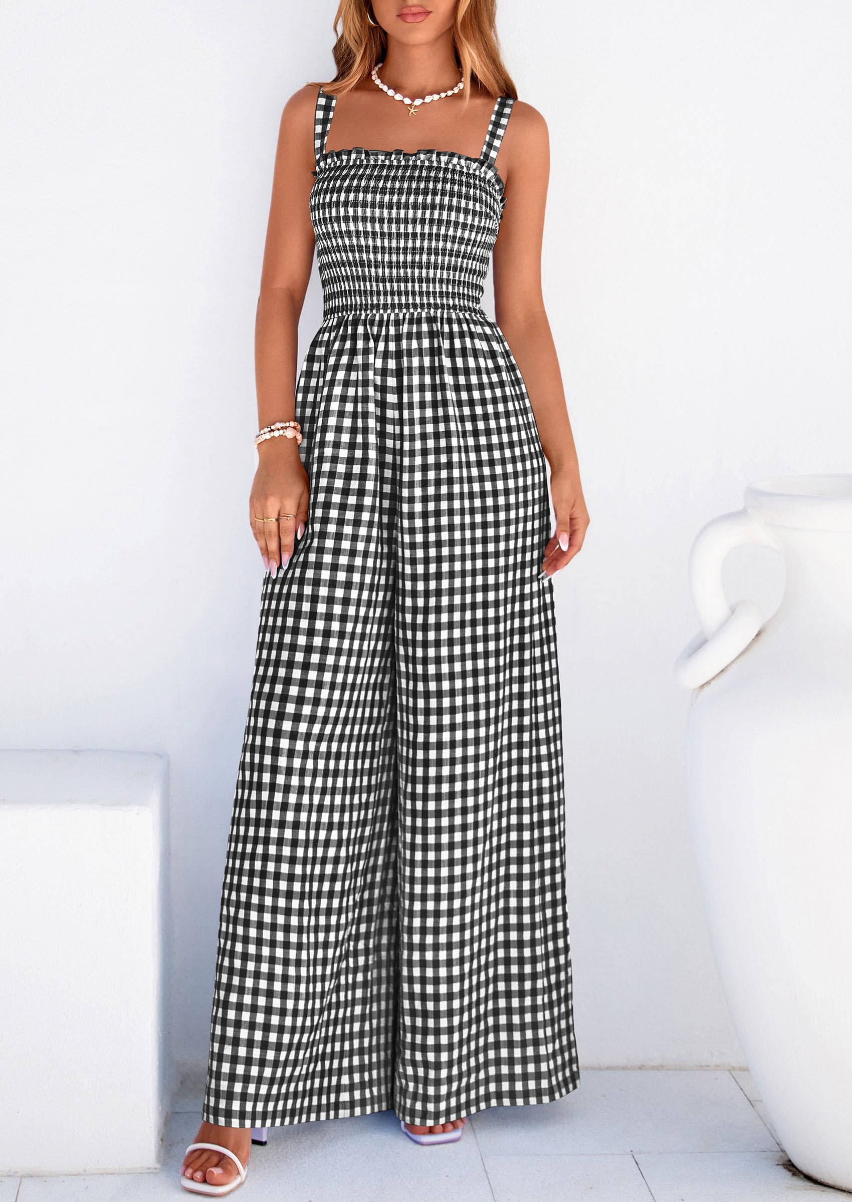 PRETTYGARDEN One Piece Jumpsuits for Women Casual Summer Cruise Outfits  Spring Fashion Smocked Wide Leg Gingham Rompers