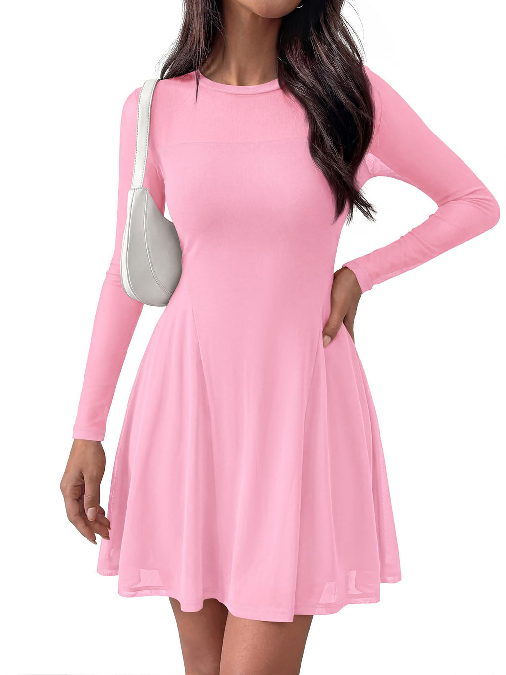 BTFBM Women’s Mini Dress Sheer Mesh Long Sleeve Crew Neck Flowy A Line Casual Cocktail Party Going Out Dresses Fall