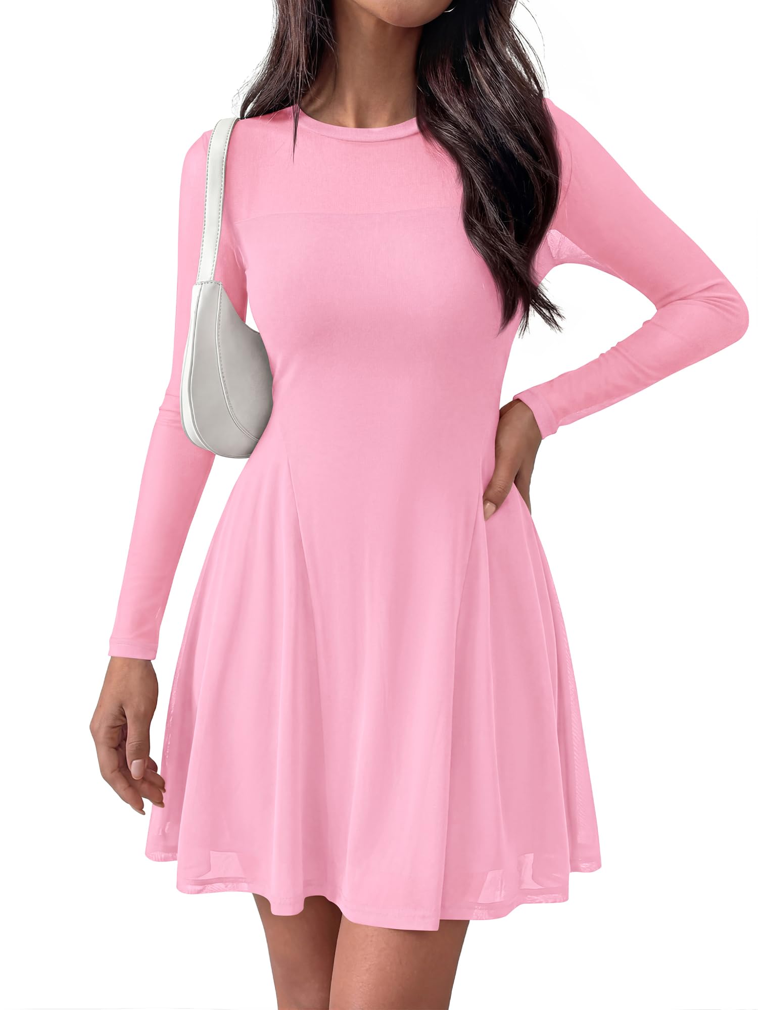 BTFBM Women’s Mini Dress Sheer Mesh Long Sleeve Crew Neck Flowy A Line Casual Cocktail Party Going Out Dresses Fall