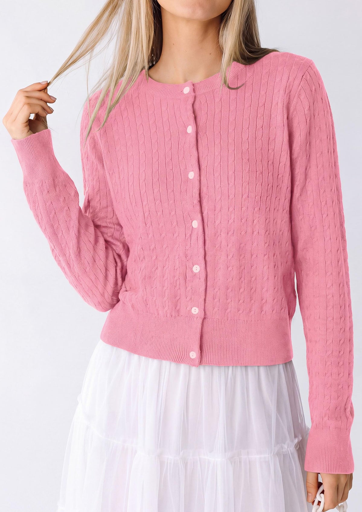 PRETTYGARDEN Women Lightweight Button Up Cardigan Sweaters | Soft Stretchy, Cozy Cable Knit, Long Sleeve Crew Neck, Trendy Cardigans, Cute Casual Outfits, Early Fall Fashion Clothing
