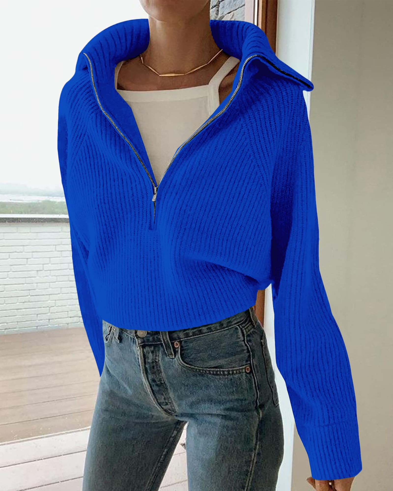 FreshPretty Womens Sweaters Quarter Zip Pullover V Neck Collar Long Sleeve Ribbed Knit Loose Casual Winter Fall Sweater