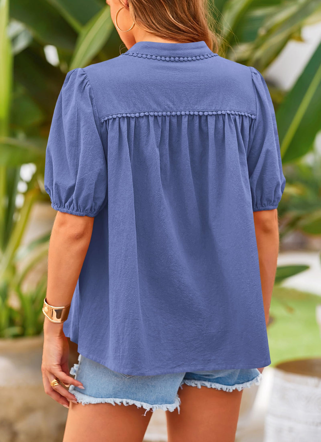 PRETTYGARDEN Women's Summer Button Down Shirts Short Lantern Sleeve V Neck Cotton Cute Dressy Casual Ladies Tops Blouses