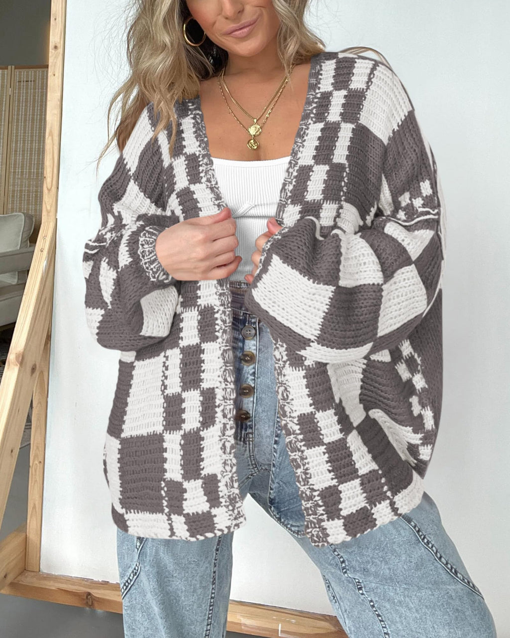 BTFBM Casual Cardigan Sweater for Women Fall Long Sleeve Sweaters Fall Outfits, Loose Fit,Solid,Open Front Chunky Knit Sweaters,Chunky Cardigan Sweaters For Women,Checkered Outwear Coat