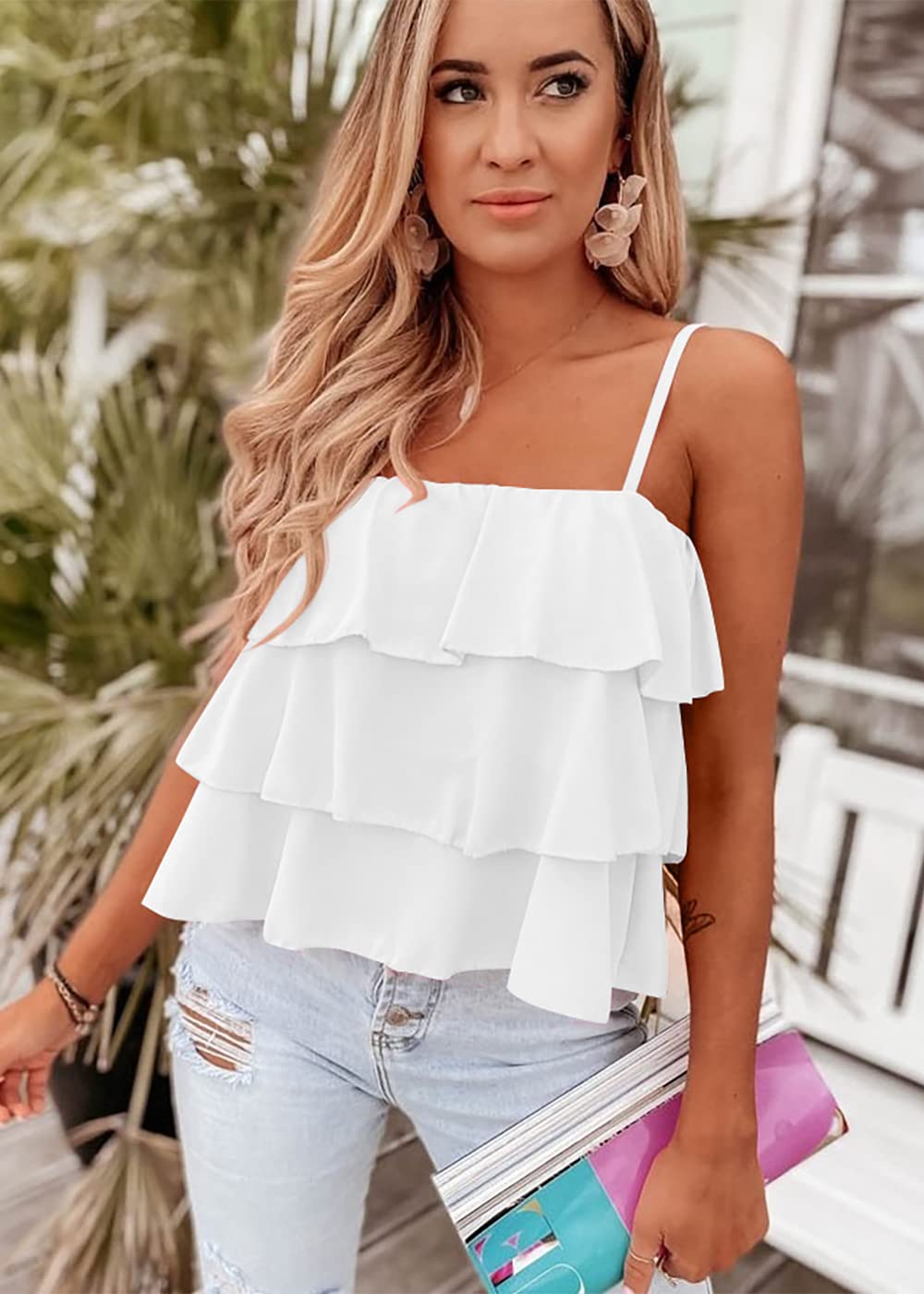 FreshPretty Spaghetti Strap Ruffle Babydoll Peplum Tank Tops for Women Summer Cute Flowy Beach Vacation Cruise Outfits
